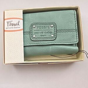 Fossil Genuine Leather Saddle Sea Green Mercer Long Live Vintage Zip Wallet NWT